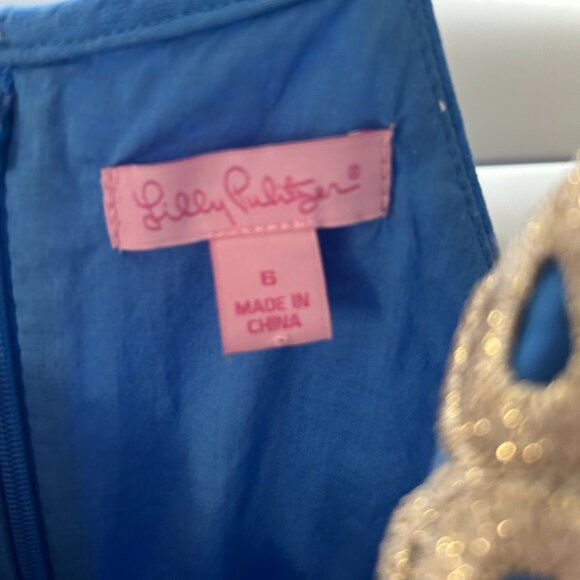 Lilly Pulitizer Blue Dress with Gold Embroidery Size 6 - Picture 4 of 7